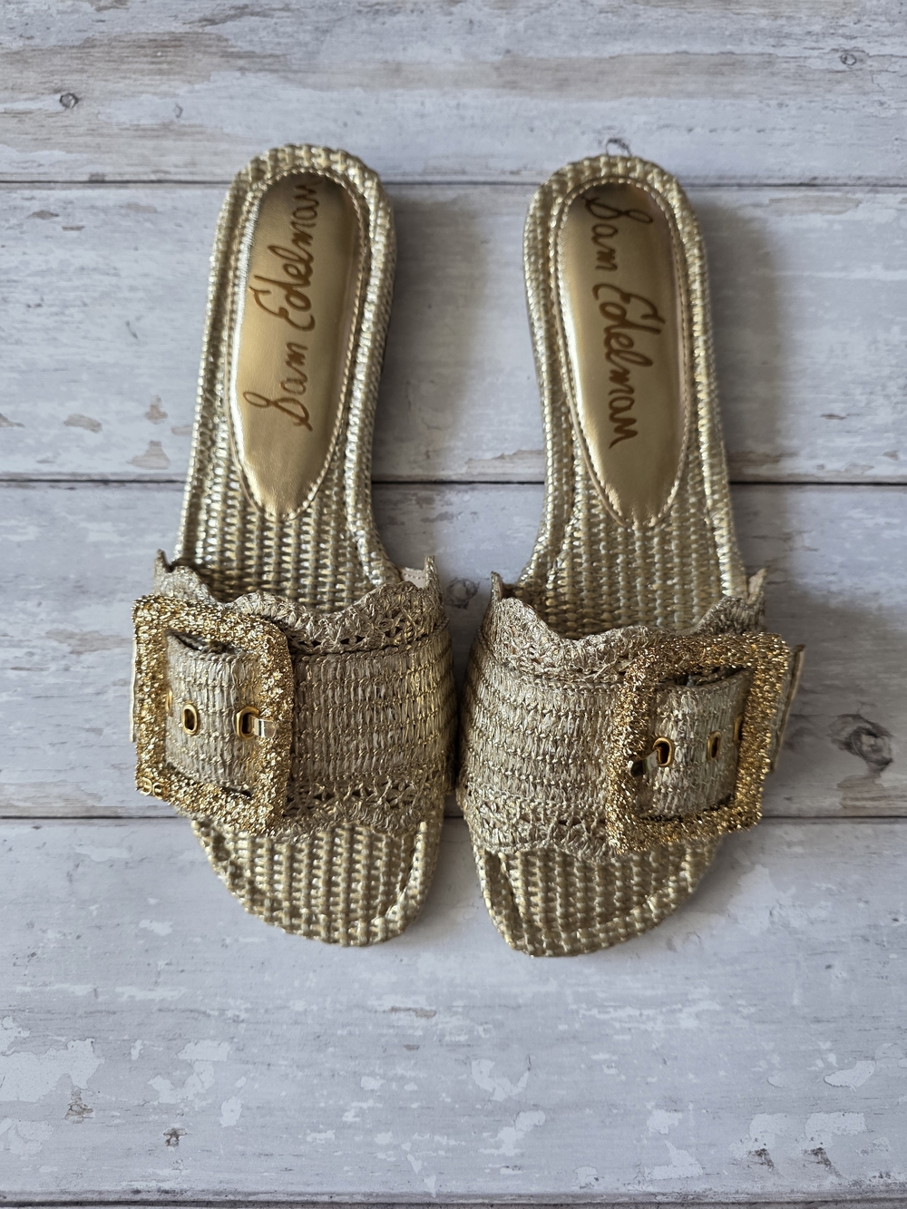 Sam Edelman Gold Raffia Slide Sandals with Buckle